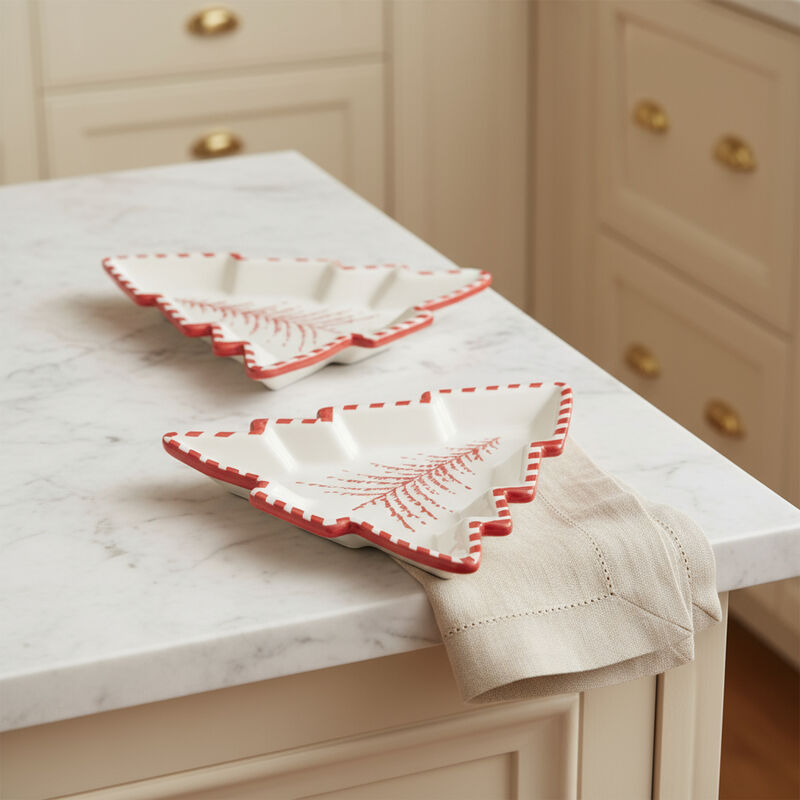 HomeRoots Set of Two Red And White Ceramic Tree Shaped Christmas Serving Trays image number 1