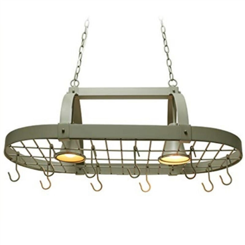 Rustic Hanging Pot Rack with Lights – 10 Hook Ceiling Mount