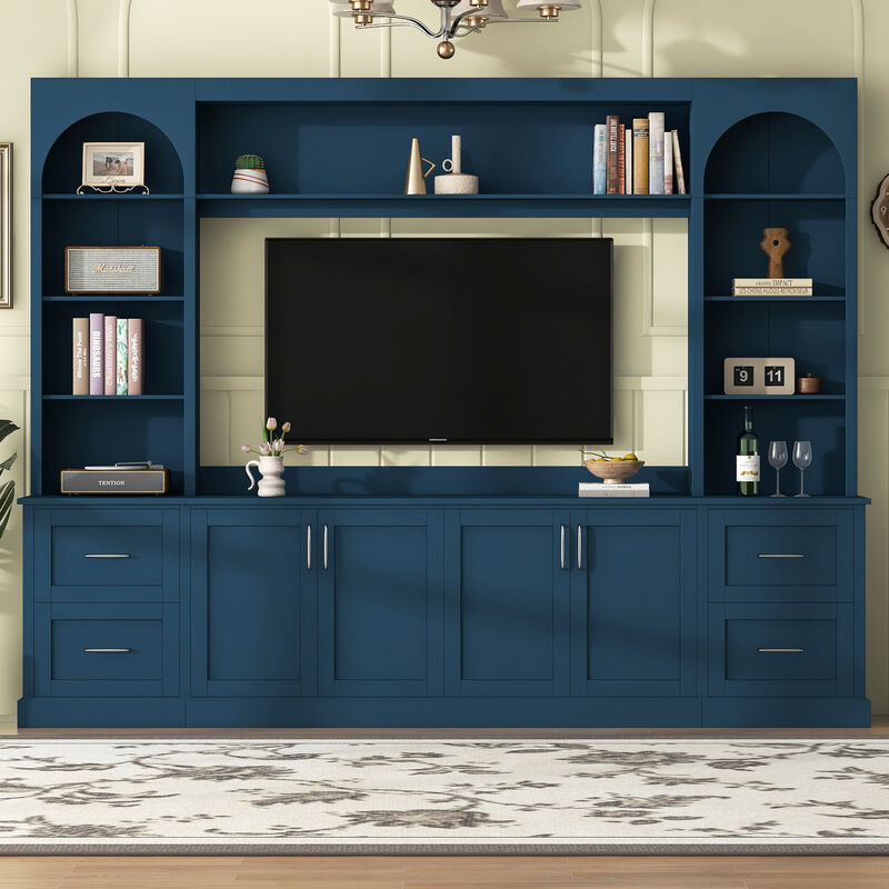 Merax All-in-One TV Stand with Arched Design, 4 Drawers, Adjustable Shelves, Built-in Cable Holes image number 2