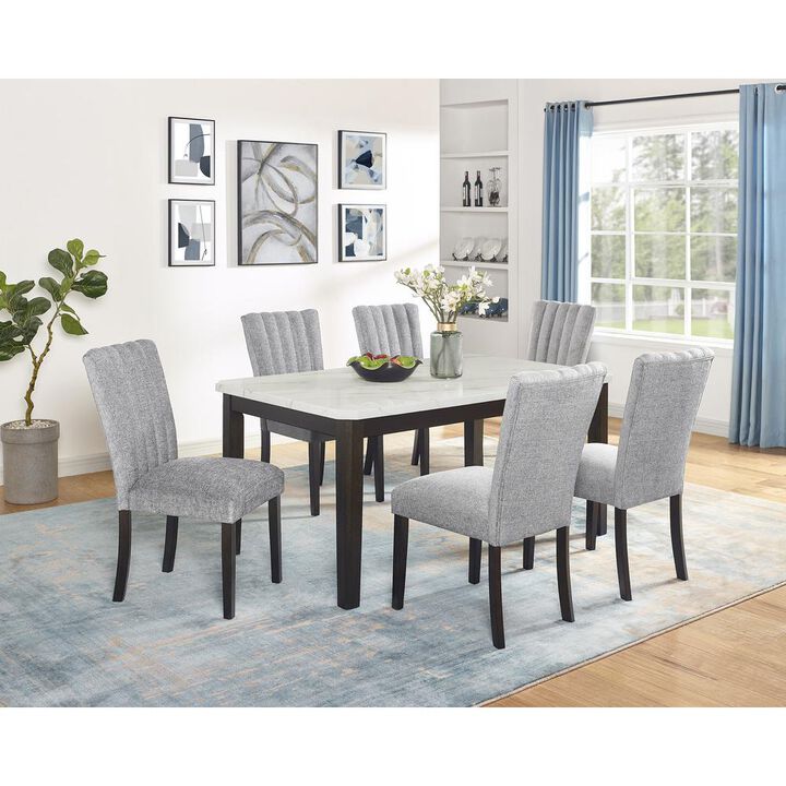 7-piece dining set with 1 white faux marble table and 6 dark grey side chairs