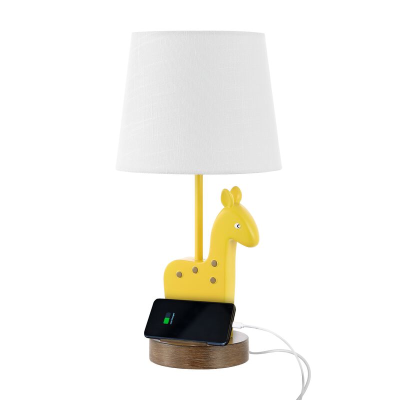 Sahara 17.5" Mid-Century Vintage Iron/Resin Giraffe LED Kids' Table Lamp with Phone Stand and USB Charging Port, Yellow