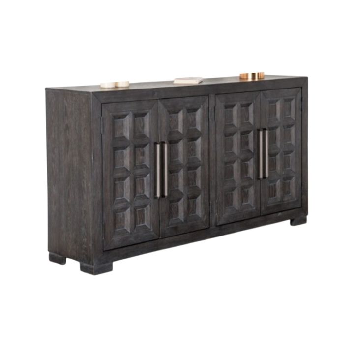 Kizie Sideboard Buffet Console 4 Doors and Shelves, Black Wood 66 Inch - Benzara