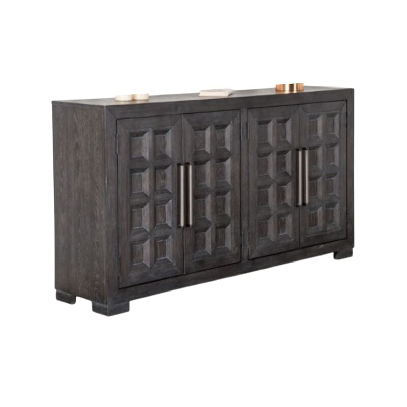Kizie Sideboard Buffet Console 4 Doors and Shelves, Black Wood 66 Inch - Benzara
