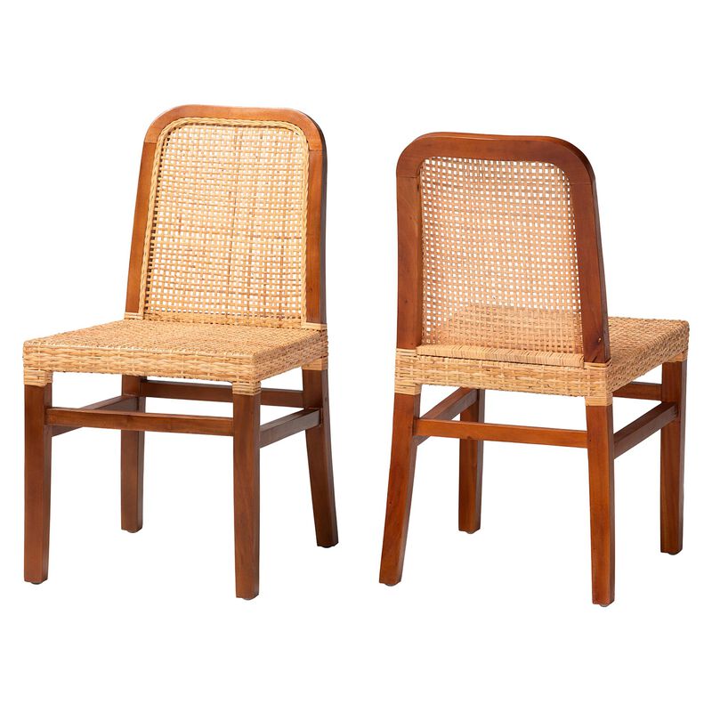 Baxton Studio Caspia Mid-Century Modern Walnut Brown Mahogany Wood and Natural Rattan 2-Piece Dining Chair Set