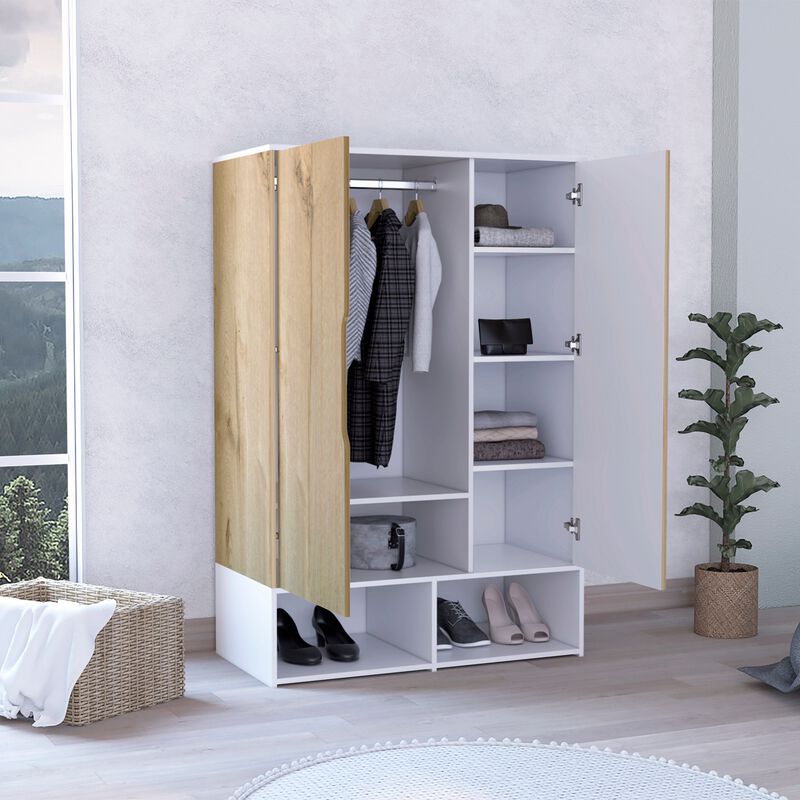 Rosie Armoire, Two Open Shelves, Double Door, Five Shelves, Hanging Rod -Light Oak / White
