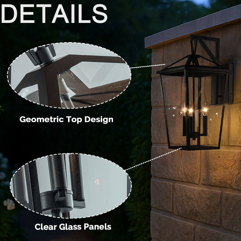 H22" 3-Light Classic Large Outdoor Wall Lantern Matte Black Exterior Wall Sconce with Clear Tempered Glass Open Bottom Wall Mount Light Fixture for Porch Garage Entryway image number 4