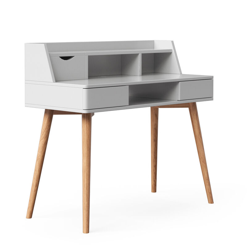 Teamson Writing Desk with Hutch, Drawers, Flip Drawer, Cubbies, Cable Opening, White MDF & Natural Wood Legs, Compact Office Desk for Home, Creativo Collection image number 9