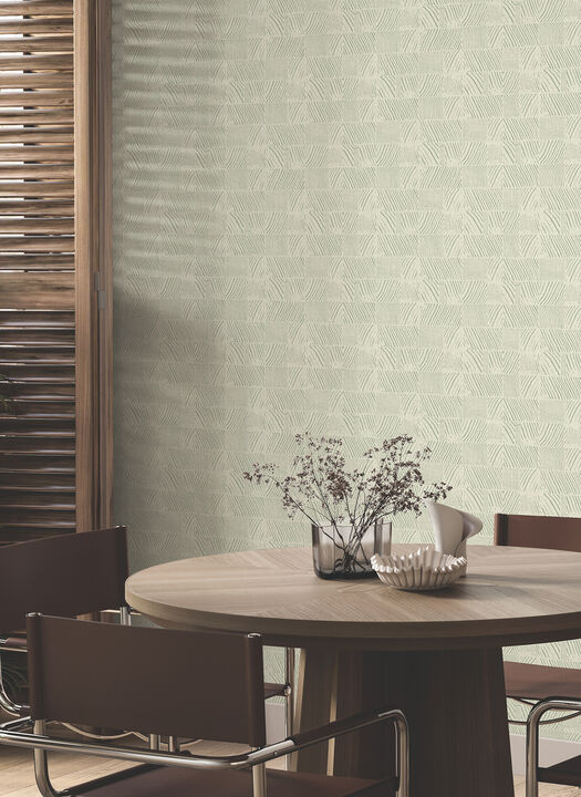 Woodcut Green & Stone Wallpaper