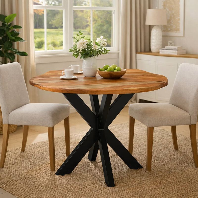 Kuri 41 Inch Handcrafted Live Edge Round Dining Table with a Natural Brown Acacia Wood Top and Black Iron Legs image number 8