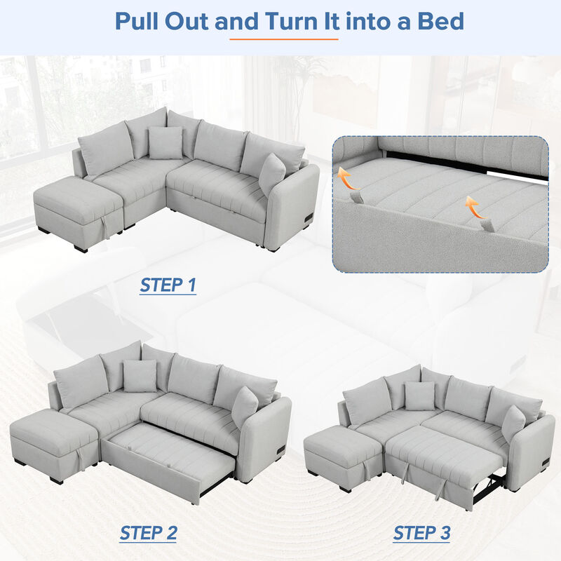 Merax L-shaped Sectional Pull Out Sofa Bed Sleeper Sofa with 2 USB Ports. image number 4