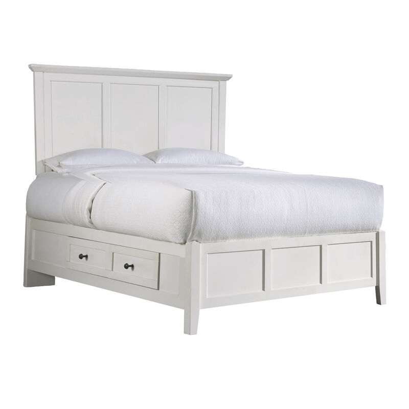 Neo Solid Mahogany Wood Panel Queen Bed, Storage, Beveled Trim Top, White