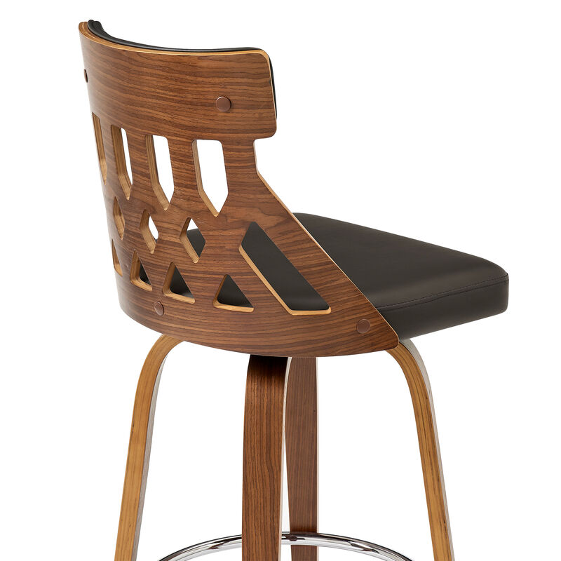 Crux  Swivel Counter Stool in Brown Faux Leather and Walnut Wood