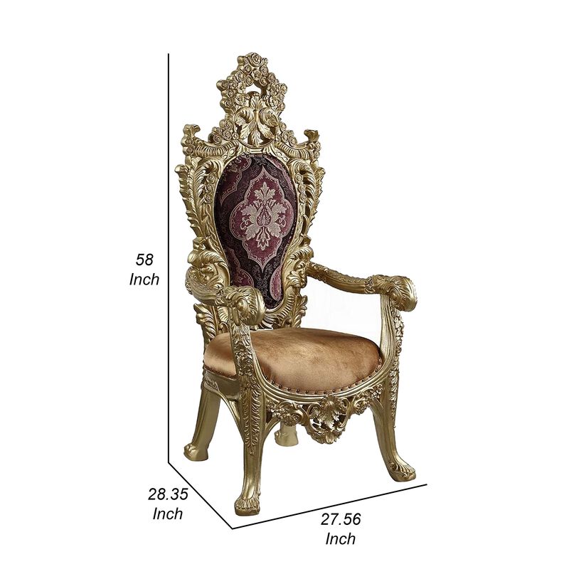Rexx Dining Armchair Set of 2, Crown Top, Nailhead Trim, Gold and Red - Benzara image number 4