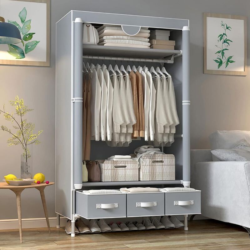 Clothes Closet with Rolling Door, Hanging Rack, and 3 Drawer Storage Boxes for Home