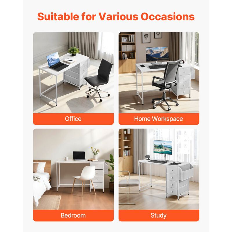 Writing Desk with Fabric Storage Drawers, Reversible Computer Table with Steel Frame-White image number 3