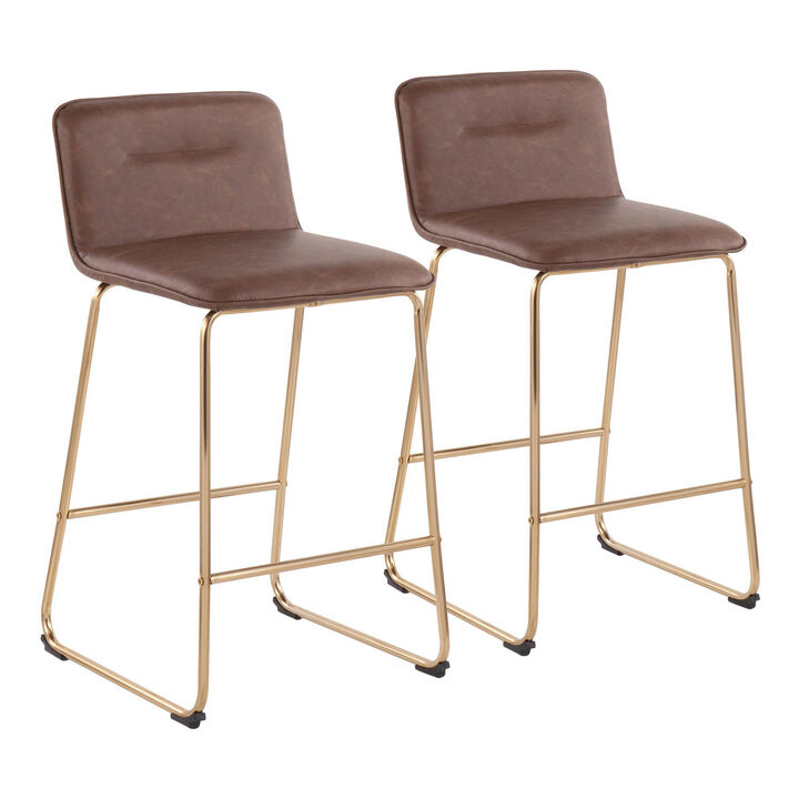 Lumisource Casper Fixed-Height Contemporary Counter Stool in Gold Metal, Faux Leather - Set of 2