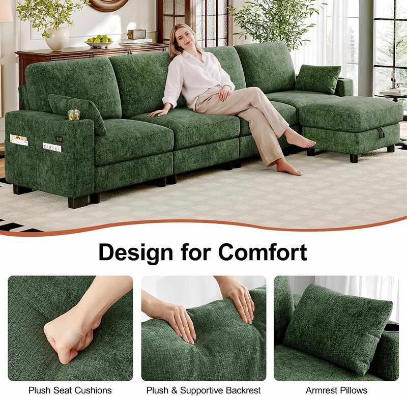 Vipbear 128 Inch Modular Sectional Sofa, Comfy Chenille 5 Seater L Shaped Cloud Couch with Ottoman image number 2