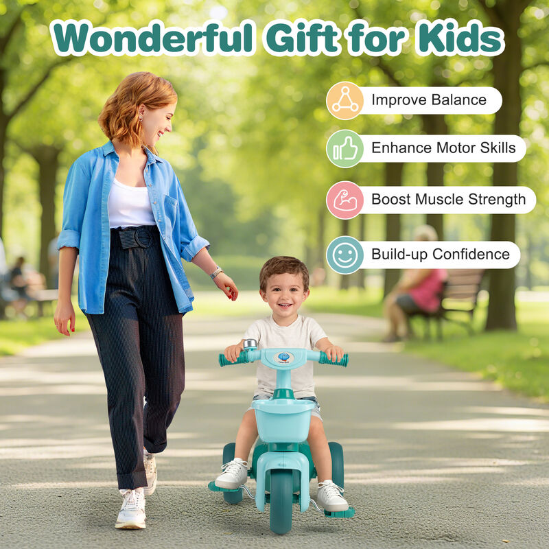 Toddler 3-Wheel Tricycle with Front Basket, Bell and Steering Control image number 6