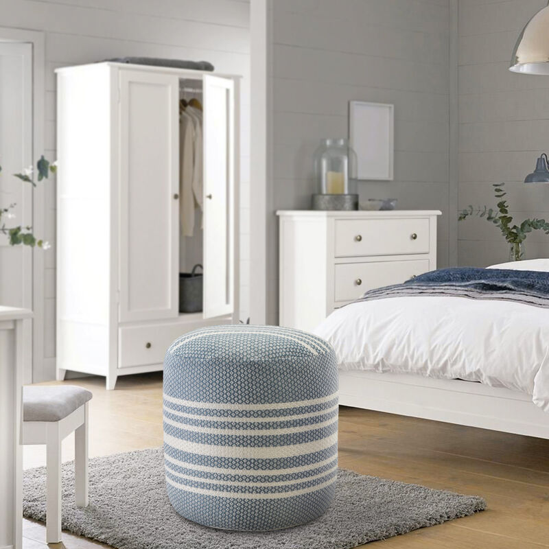 Round Striped Polyester Pouf Ottoman for Extra Seating or Stylish Accent