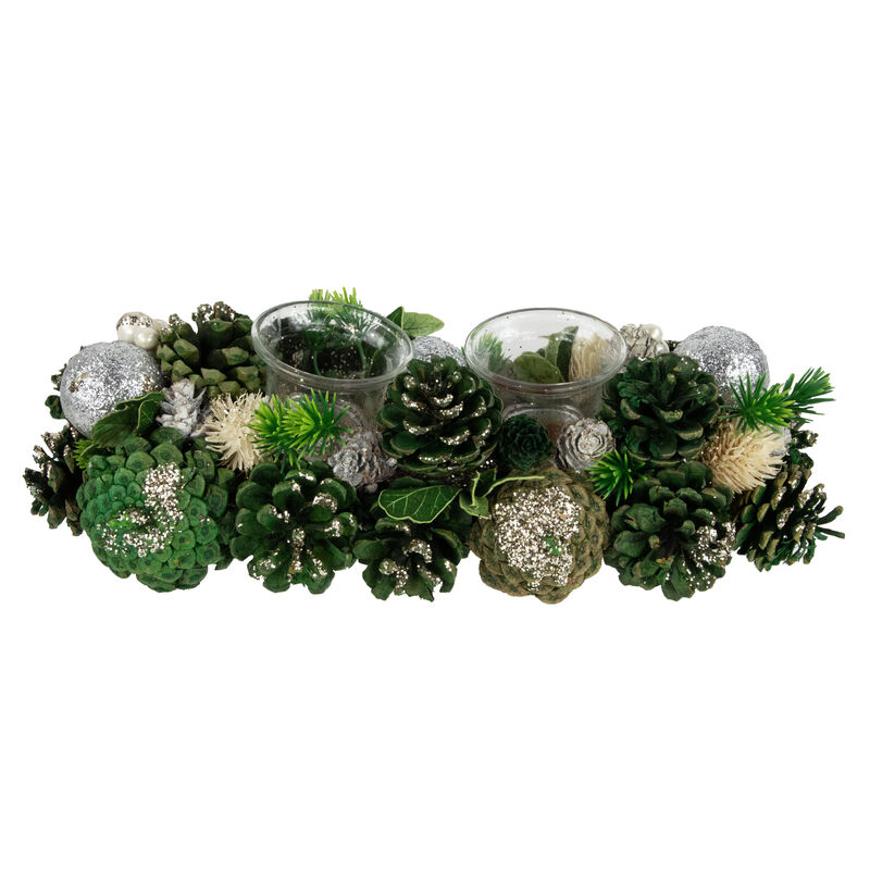 13" Green Pinecone and Silver Glitter Ornaments Christmas Tealight Candle Holder
