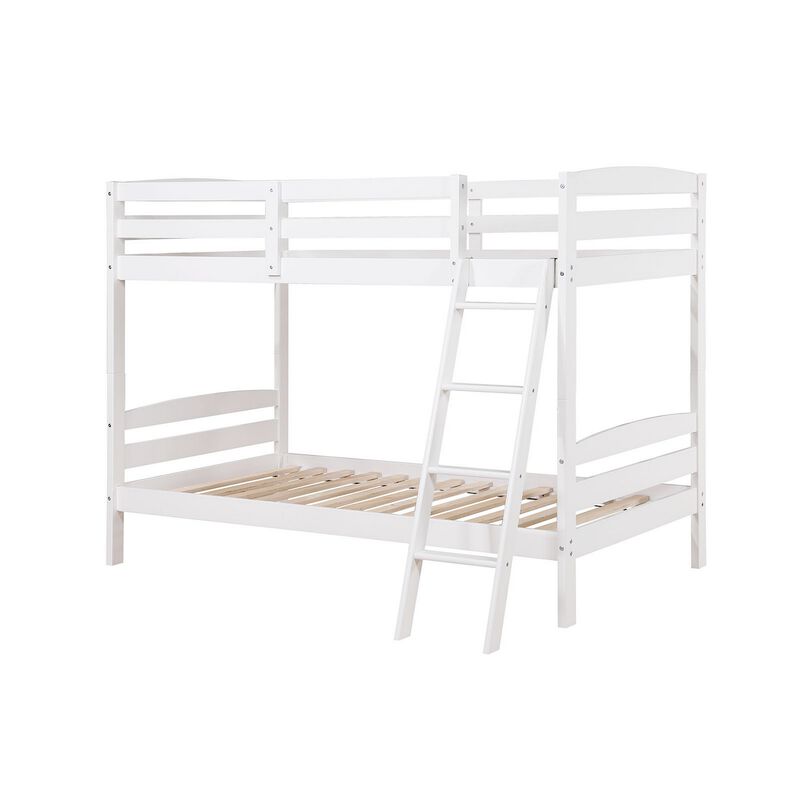 Hina Twin Bunk Bed, Angled Ladder, Sturdy Slat Design, White Solid Wood