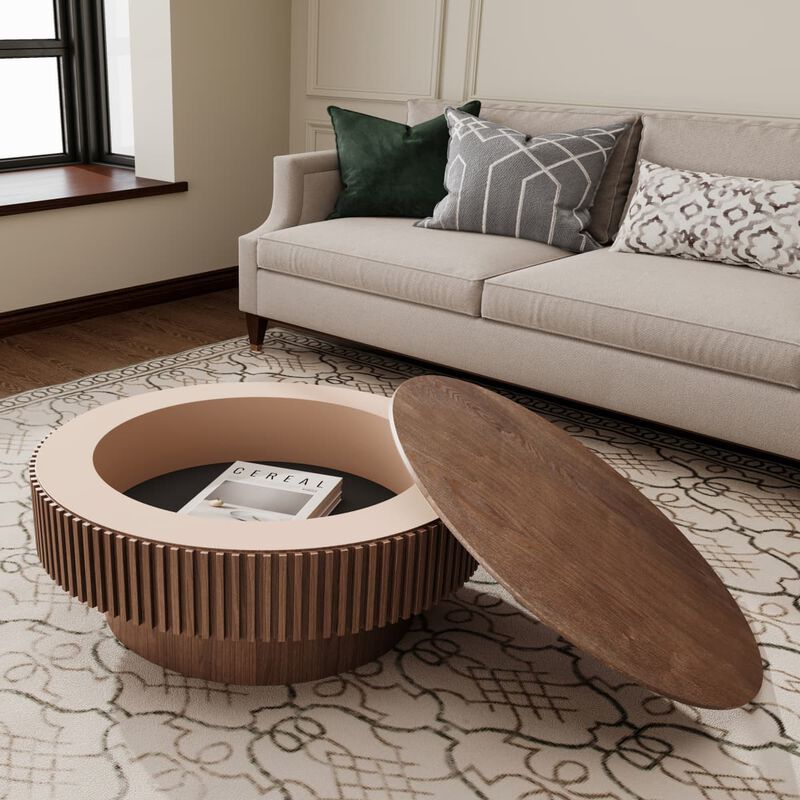 Round coffee table with storage Solid wood veneer and MDF coffee table with fluted base Modern accent coffee table for small spaces image number 4