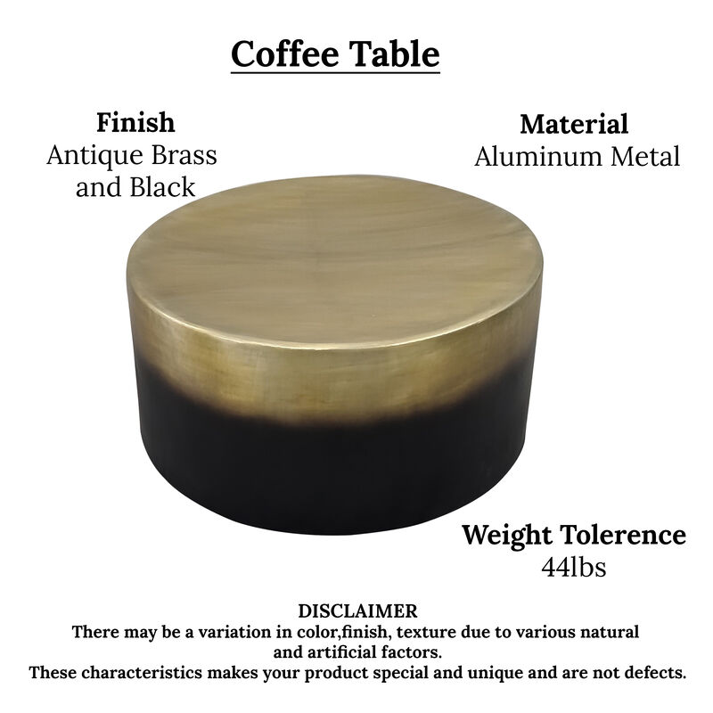 Dyan Coffee Table, 34.5 Inch Round Drum Shape, Black, Gold Antique Brass Ombre