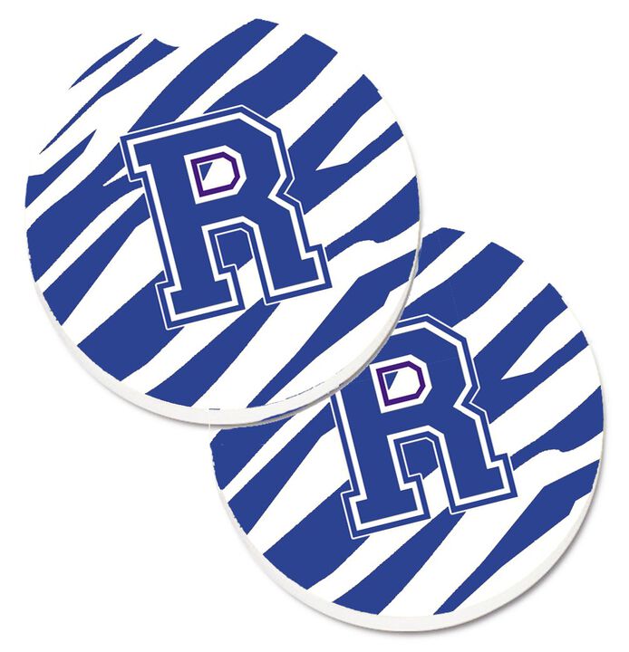 Caroline's Treasures Monogram Initial R Tiger Stripe Blue & White Set of 2 Cup Holder Car Coasters CJ1034-RCARC, 2.56, Multicolor