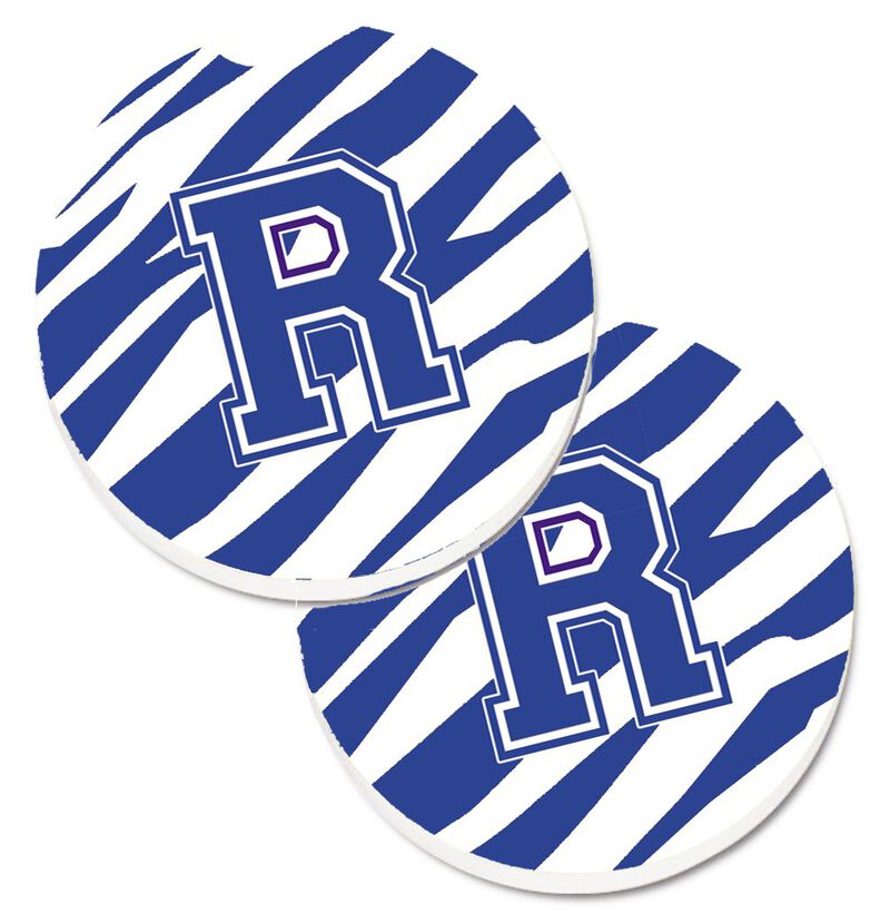 Caroline's Treasures Monogram Initial R Tiger Stripe Blue & White Set of 2 Cup Holder Car Coasters CJ1034-RCARC, 2.56, Multicolor