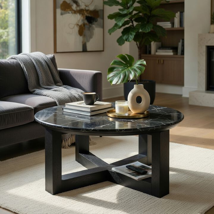 Kia Coffee Table, Round Marble Top and Three Leg Wood Base