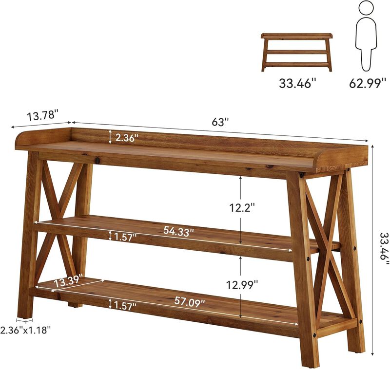 Farmhouse Solid Wood Sofa Console Table with 3-Tier Shelves-Vintage Brown image number 2