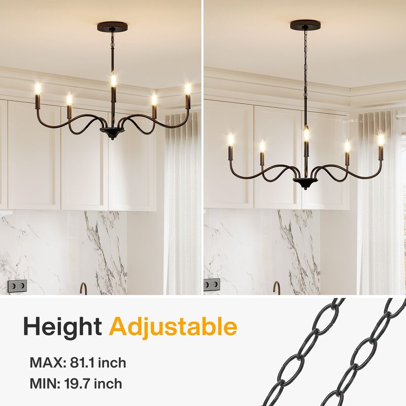Matte Black Five-Light Modern Chandelier, Adjustable Rotating Arms image number 5