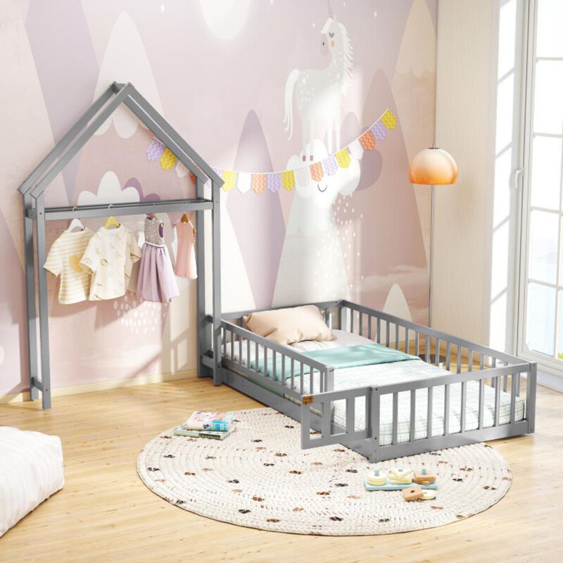 Hivvago Twin Size House Floor Bed with House-shaped Headboard