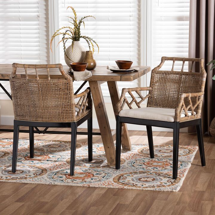 bali & pari Abiel Natural Rattan 2-Piece Dining Armchair Set with Cushion &ndash; Handwoven Wicker Chair with Mahogany Wood Frame, Coastal Boho Seating for Dining Room or Kitchen