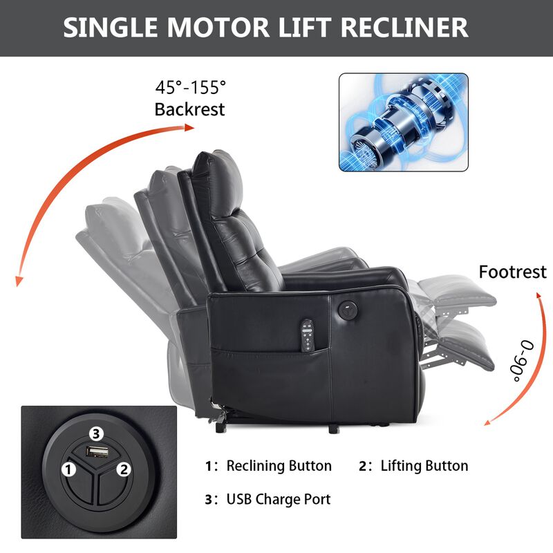 Faux Leather Power Lift Recliner Chair 155&deg; Recliner with Massage Heat & USB image number 5