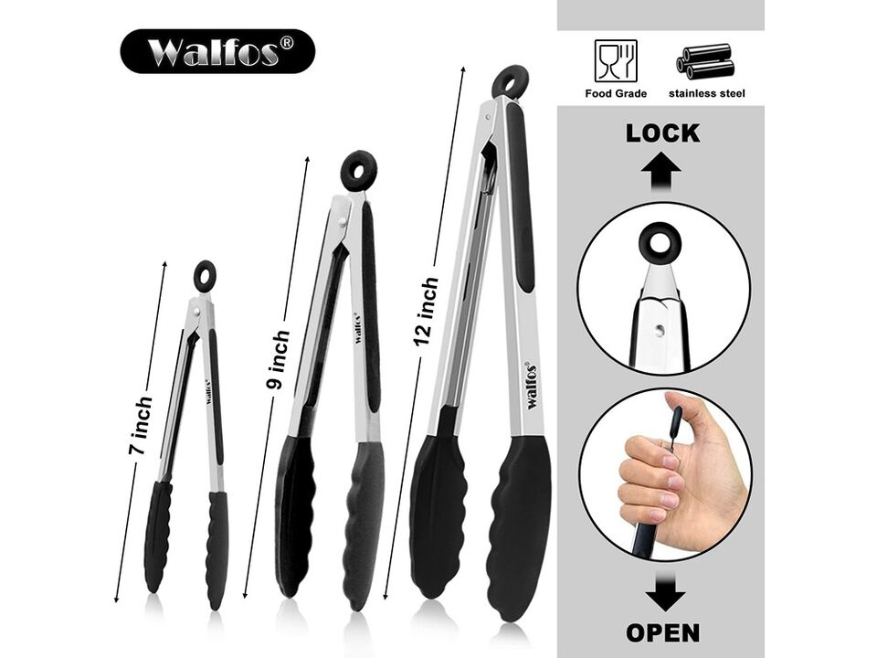 Walfos Kitchen Tongs - Heat Resistant Cooking Tongs Set of 3
