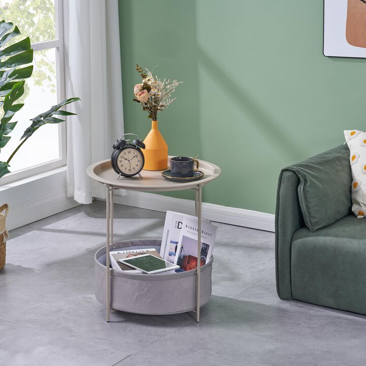 VECELO Round Side/End Table with Fabric Storage Basket