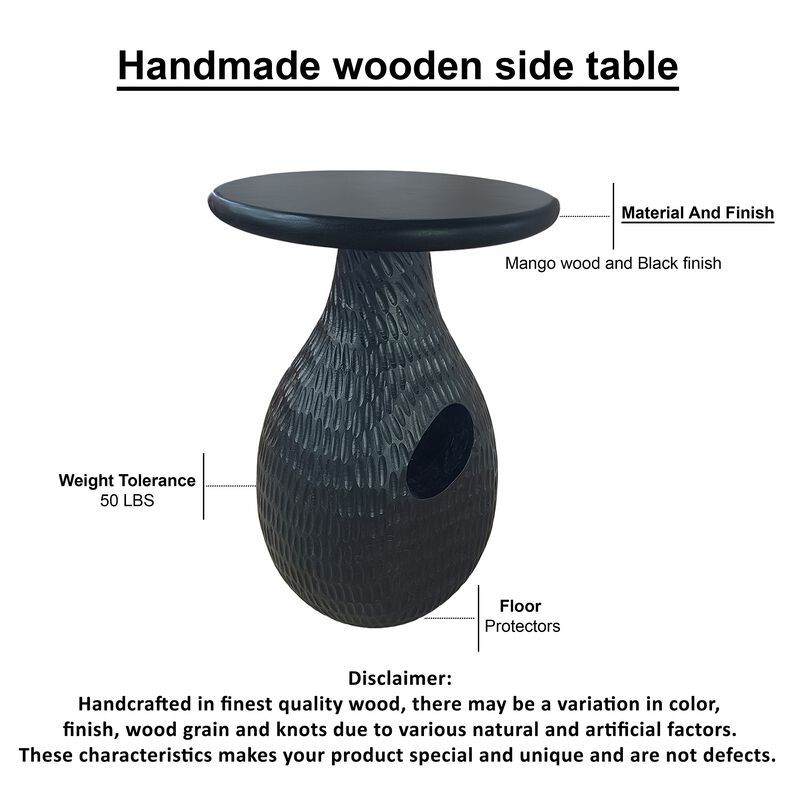 14 Inch Side End Table, Artisan Handcrafted Mango Wood, Embossed Teardrop Shaped Base, Black - Benzara