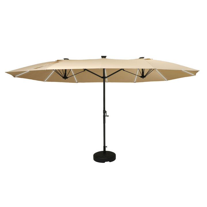 MONDAWE 15ft Twin Double-Sided Solar LED Patio Market Umbrella with Included Base Stand