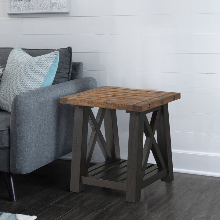 End Table with Slatted Shelf and X Legs, Brown and Black-Benzara