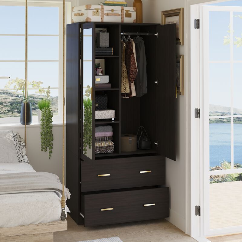 Armoire Wardrobe with Mirror & 2 Drawers, 2-Door Wardrobe with Shelves & Hanging Rod, Gold Metal Handles, for Cloakroom (31.5&rdquo;W x 18.9&rdquo;D x 72&rdquo;H)
