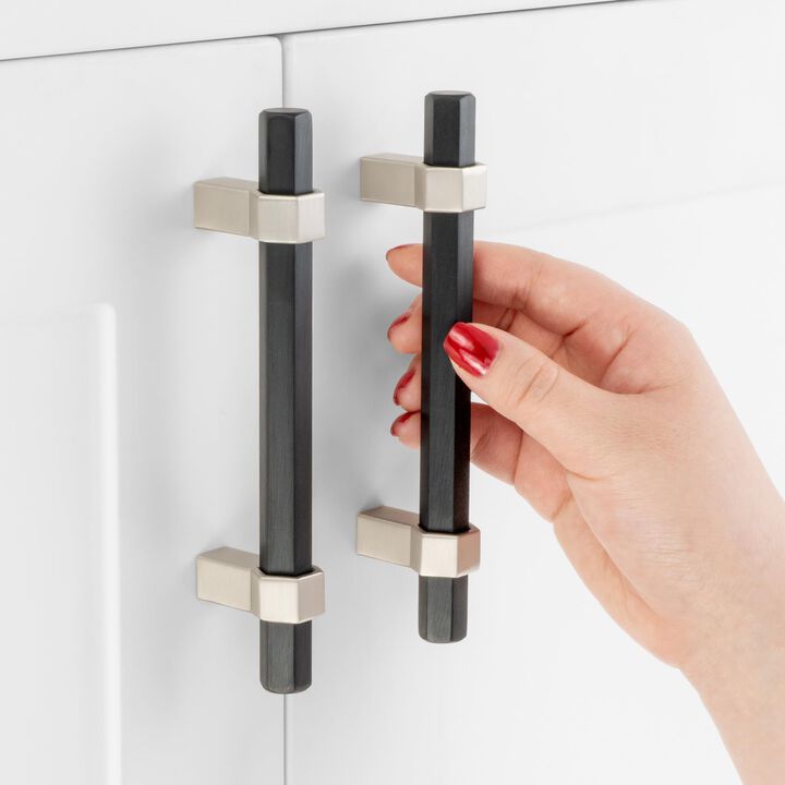 ASKANO Black and Nickel Cabinet Pulls, 3-3/4 Inch Hole Centers, Hexagon Bar Kitchen Cabinet Handles AP1310 | Pack of 5, Solid Ha