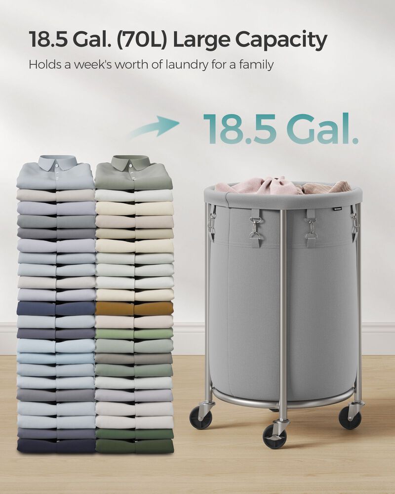 Laundry Basket with Wheels and Removable Bag, Steel Frame, 4 Casters and 2 Brakes