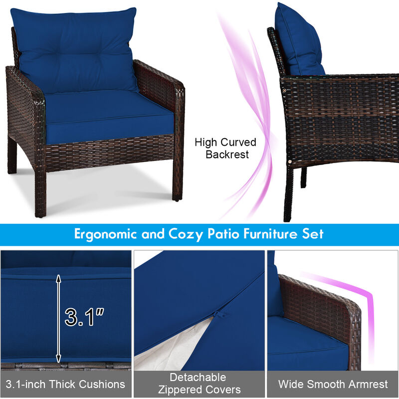 5 Pieces Patio Rattan Sofa Ottoman Furniture Set with Cushions