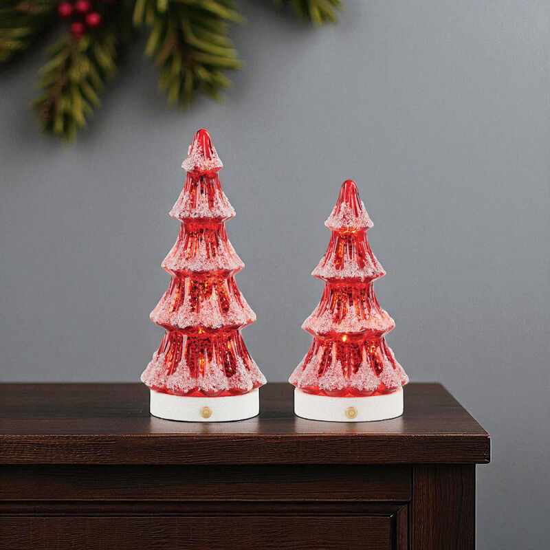 Mercury Glass LED Christmas Tree Set (2 Pieces) &ndash; Light-Up Vintage Holiday Trees for Indoor Seasonal Display