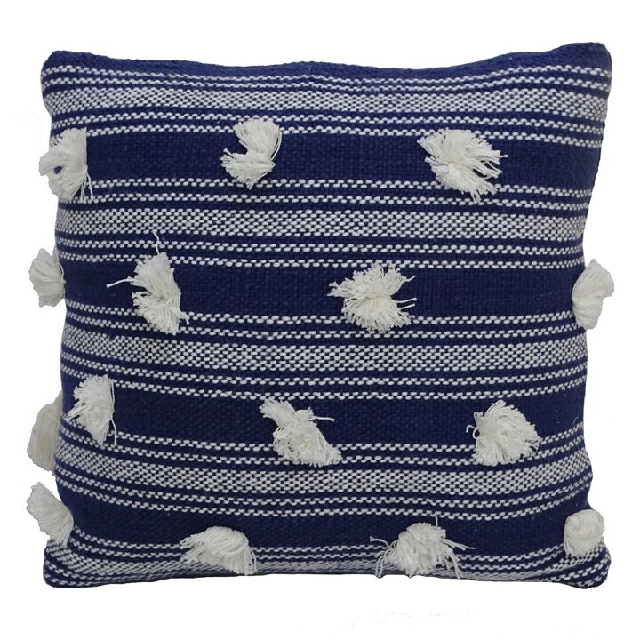 20” Blue and White Handloomed Striped Throw Pillow with Poms