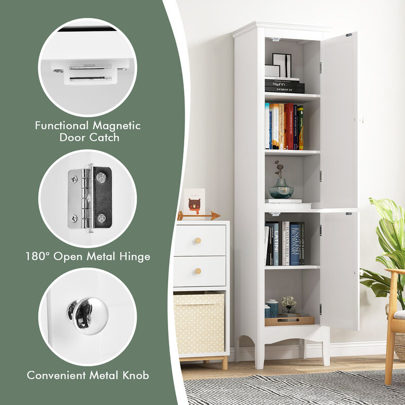 Costway Tall Bathroom Floor Cabinet Narrow Linen Tower with 2 Doors & Adjustable Shelf