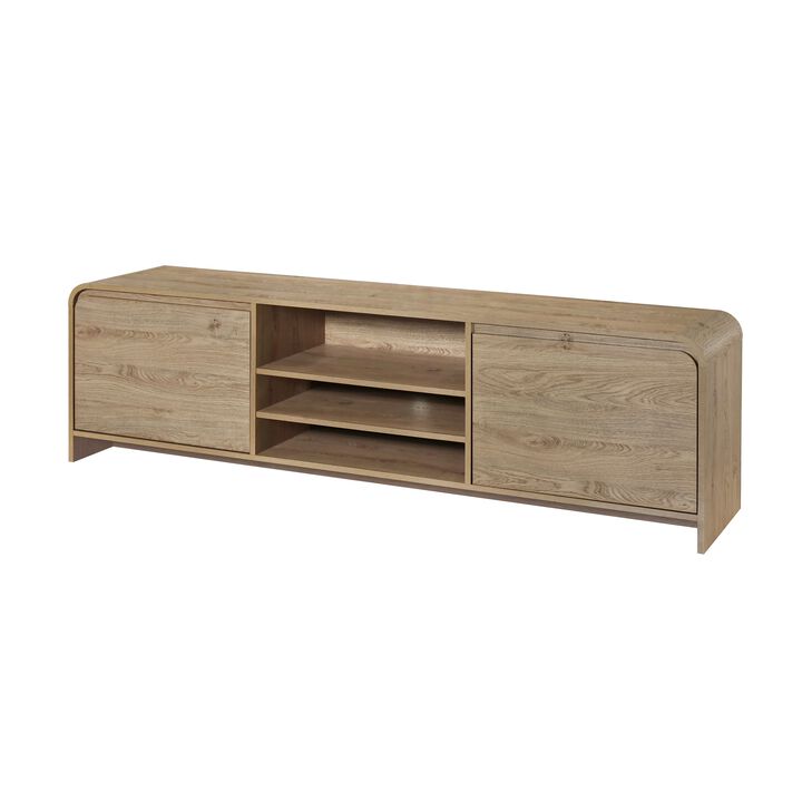 Maria TV Stand Media Cabinet, 2 Drawer and Shelves, Beige Wood 71 Inch - Benzara