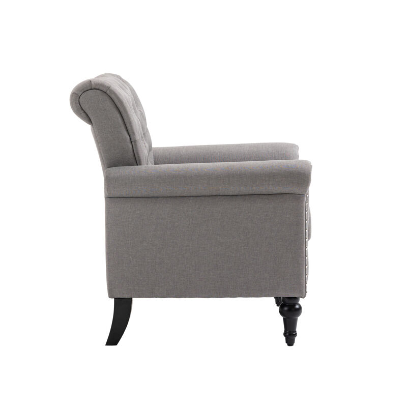 Mid-Century Modern Accent Chair, Linen Armchair w/Tufted Back/Wood Legs, Upholstered Lounge Armchair Single Sofa for Living Room Bedroom, Light gray
