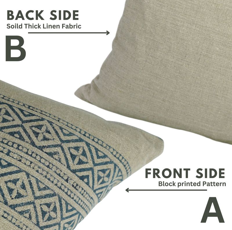 Fabdivine Boho Vintage Geometrical Heavy Linen Lumbar Pillow Cover, Handmade Block Print Home D&eacute;cor Accent Blue, Kajukatli image number 3